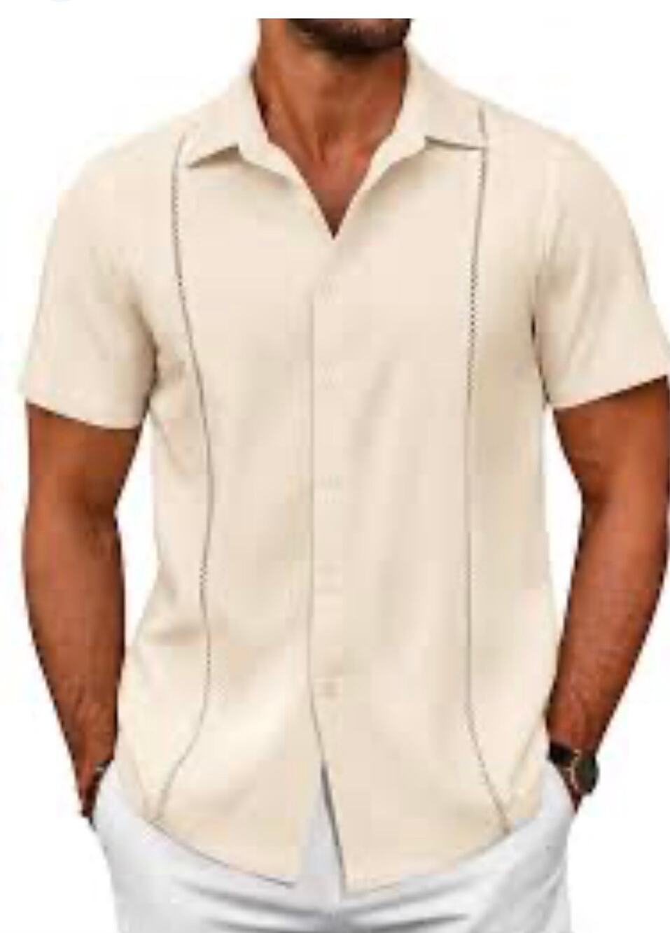 Coofandy Mens New Pale Yellow Short Sleeve Cuban Guayabera Shirt Size Large